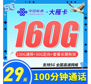 联通大雁卡29元160G+100分钟