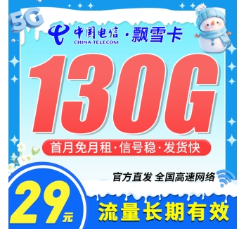 电信飘雪卡29元130G+流量可转结